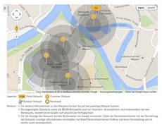 Screenshot aus dem Hotspotfinder von Kabel Deutschland, der die Verteilung der Hotspots in Meppens Innenstadt zeigt.